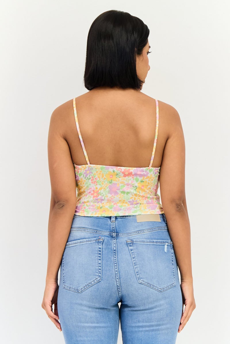 Bershka بلوزة نسائية بدون أكمام بتصميم مربع العنق وطباعة زهور، متعددة الألوان - Image 3