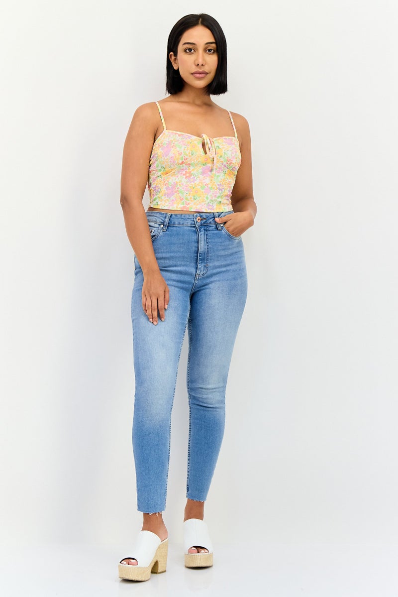 Bershka بلوزة نسائية بدون أكمام بتصميم مربع العنق وطباعة زهور، متعددة الألوان - Image 4