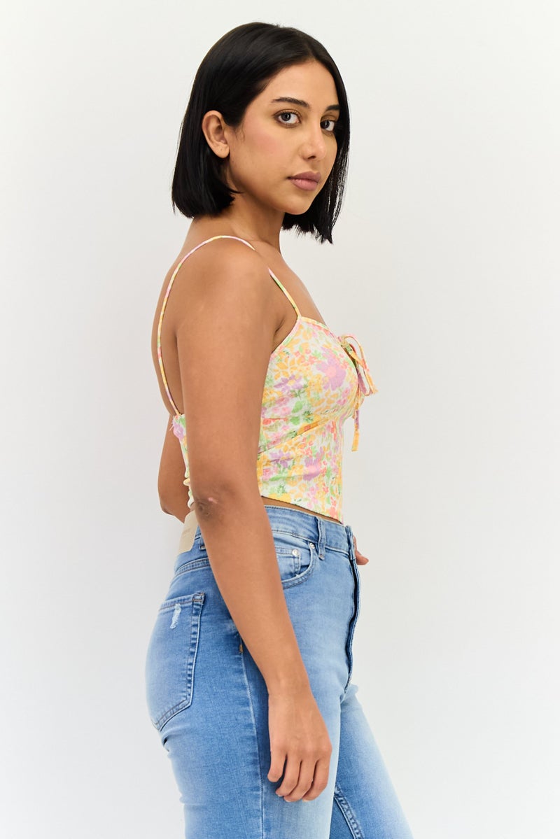 Bershka بلوزة نسائية بدون أكمام بتصميم مربع العنق وطباعة زهور، متعددة الألوان - Image 2