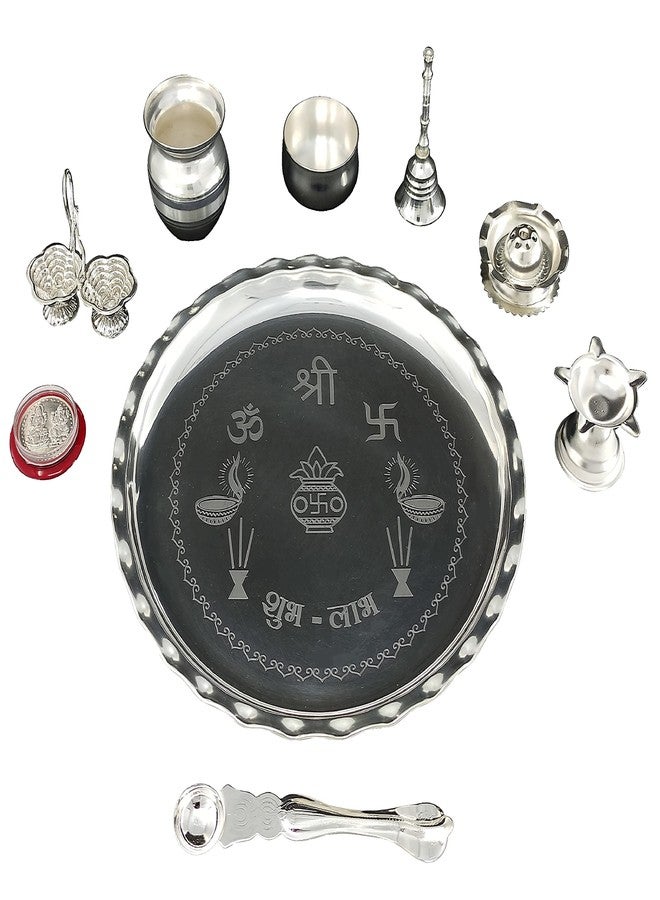 BENGALEN طقم بوجا ثالي مطلي بالفضة من BENGALEN مقاس 9.5 بوصة مع طبق Kalash Palli Diya Kumkum حامل وعاء Dhup Dan Coin Ghanti Puja Thali من أجل Diwali Home Mandir Office هدايا إرجاع الزفاف - Image 3