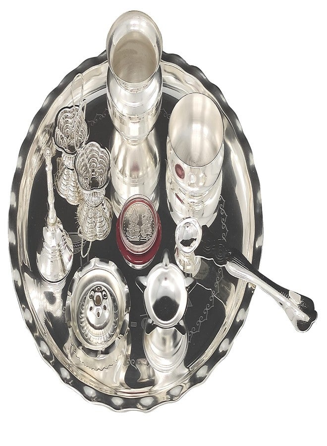 BENGALEN طقم بوجا ثالي مطلي بالفضة من BENGALEN مقاس 9.5 بوصة مع طبق Kalash Palli Diya Kumkum حامل وعاء Dhup Dan Coin Ghanti Puja Thali من أجل Diwali Home Mandir Office هدايا إرجاع الزفاف - Image 4