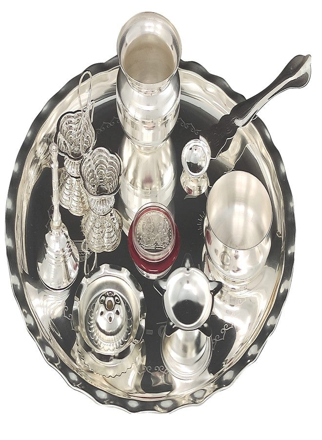 BENGALEN طقم بوجا ثالي مطلي بالفضة من BENGALEN مقاس 9.5 بوصة مع طبق Kalash Palli Diya Kumkum حامل وعاء Dhup Dan Coin Ghanti Puja Thali من أجل Diwali Home Mandir Office هدايا إرجاع الزفاف - Image 1