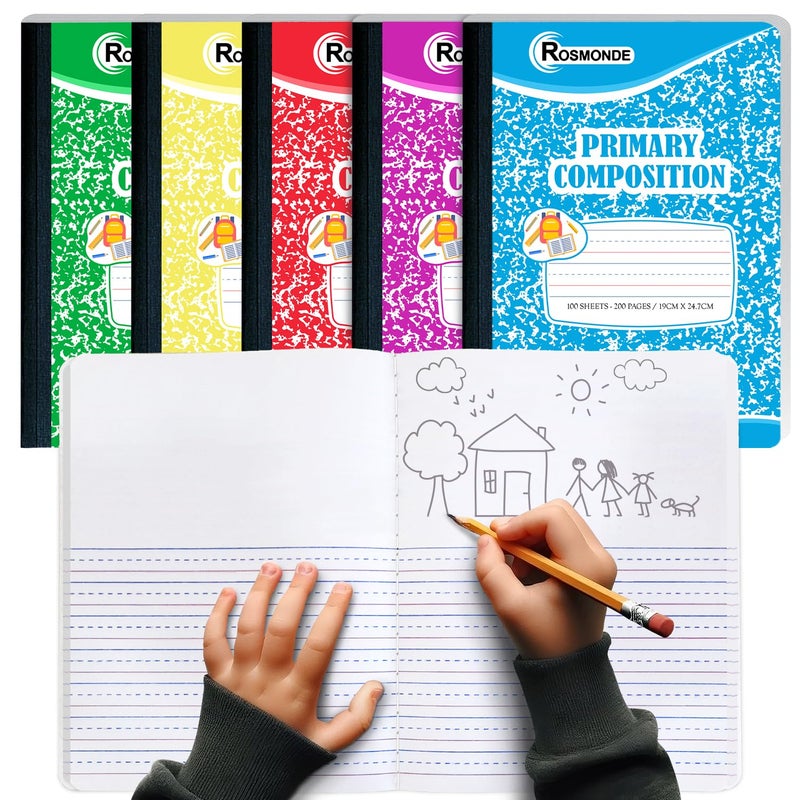 Rosmonde 5 Pack Primary Composition Notebook, 200 Pages (100 Sheets), Drawing Story Journal Writing Notebook, 9-3/4 x 7-1/2, Primary Composition Notebooks, Grades K-2, With Header For Drawing - Image 1