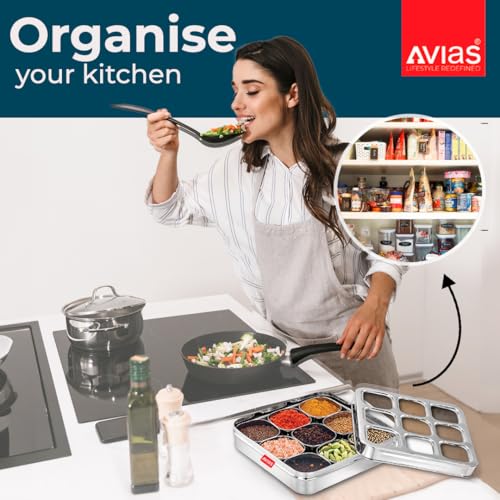AVIAS 9 Square Stainless Steel Masala Box for Kitchen, Spice Box with See-Through Lid, 9 Containers Masala Dani/Dabba, Dry Fruit Organiser, Food Grade Rust-Free Steel, Design Large 25.4cm, Silver - Image 4