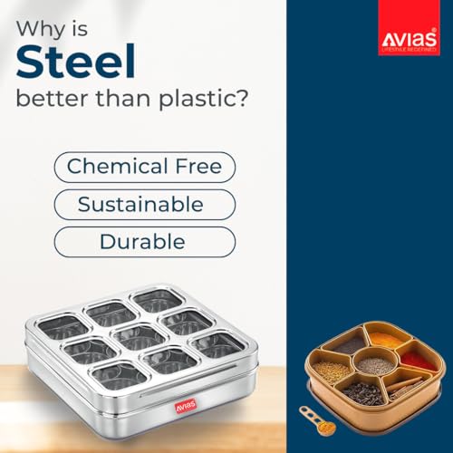 AVIAS 9 Square Stainless Steel Masala Box for Kitchen, Spice Box with See-Through Lid, 9 Containers Masala Dani/Dabba, Dry Fruit Organiser, Food Grade Rust-Free Steel, Design Large 25.4cm, Silver - Image 3