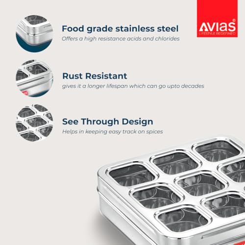 AVIAS 9 Square Stainless Steel Masala Box for Kitchen, Spice Box with See-Through Lid, 9 Containers Masala Dani/Dabba, Dry Fruit Organiser, Food Grade Rust-Free Steel, Design Large 25.4cm, Silver - Image 2