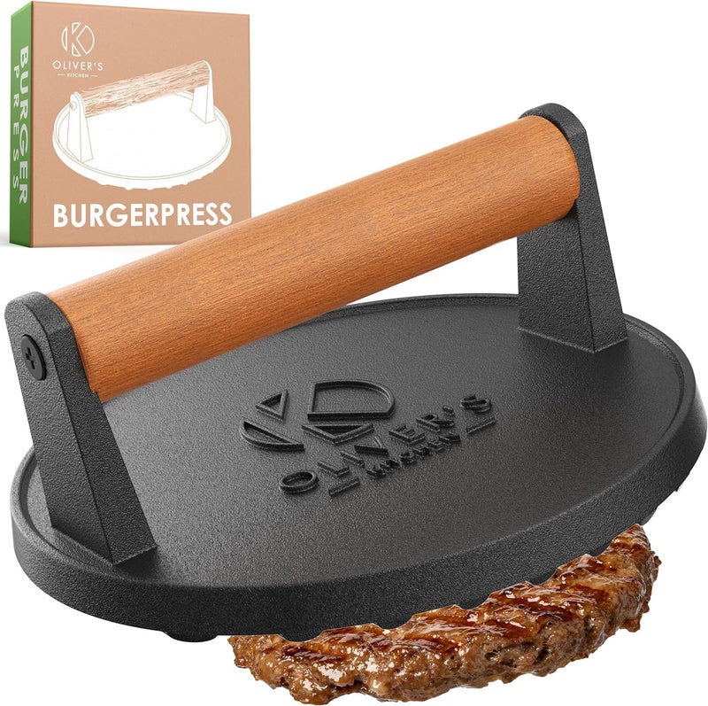 Olivers Kitchen  Burger Press  Premium Heavy Duty Cast Iron  Smash Burgers with Ease  Comfortable Handle  Non Stick Base  The Perfect Smasher for BBQ  Griddle Chefs