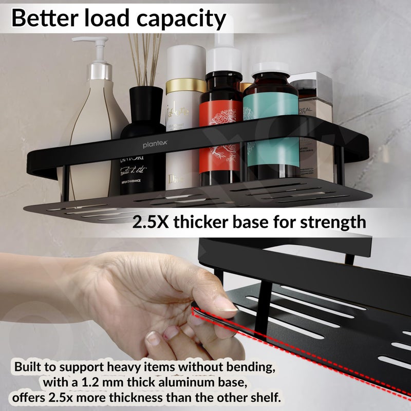 Plantex No Drill Bathroom Organiser/Self Adhesive Shelf for Bathroom Wall/Aluminium Kitchen Organiser Shelf with Magic Stickers (12x5 inches, Matt Black) - Pack of 2 - Image 2