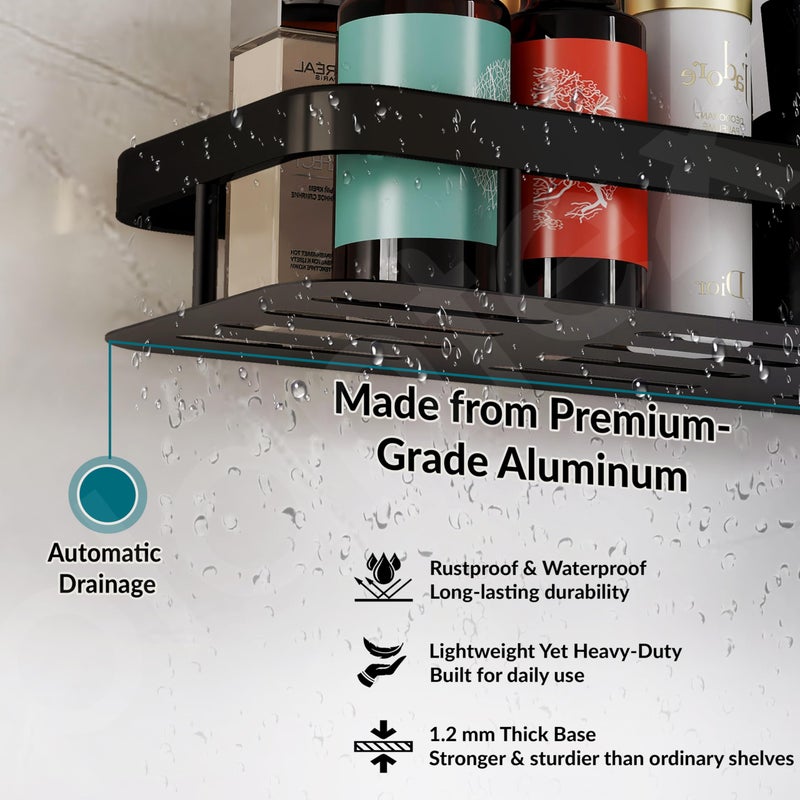 Plantex No Drill Bathroom Organiser/Self Adhesive Shelf for Bathroom Wall/Aluminium Kitchen Organiser Shelf with Magic Stickers (12x5 inches, Matt Black) - Pack of 2 - Image 3