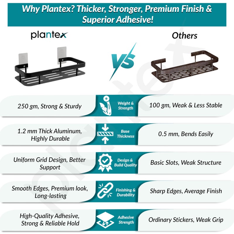 Plantex No Drill Bathroom Organiser/Self Adhesive Shelf for Bathroom Wall/Aluminium Kitchen Organiser Shelf with Magic Stickers (12x5 inches, Matt Black) - Pack of 2 - Image 4