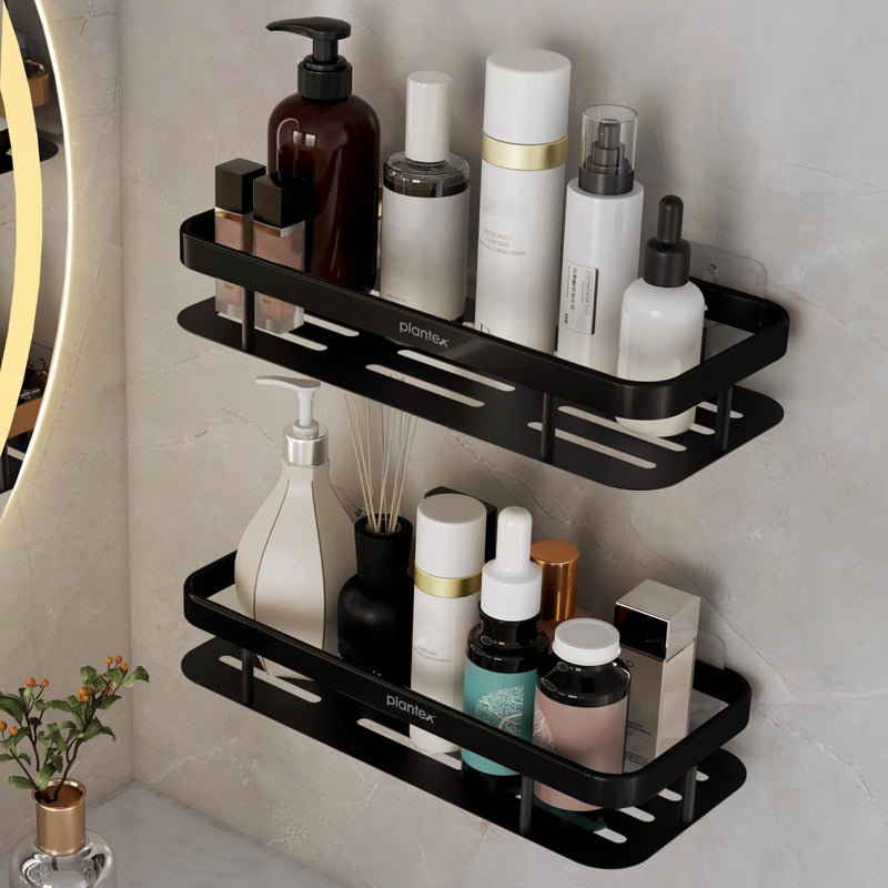 Plantex No Drill Bathroom Organiser/Self Adhesive Shelf for Bathroom Wall/Aluminium Kitchen Organiser Shelf with Magic Stickers (12x5 inches, Matt Black) - Pack of 2 - Image 1