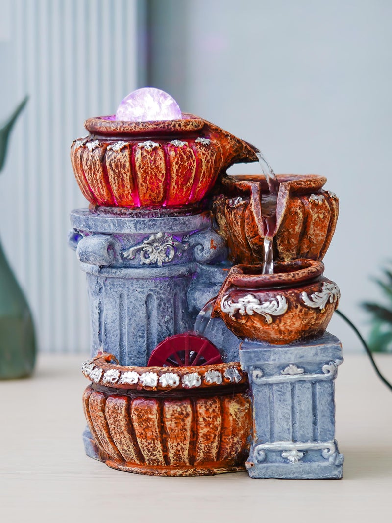 CHRONIKLE Polyresin Designer Tabletop 4 Steps Indoor Water Fountain for Home Decor with LED Light, Speed Controller Pump & Crystal Ball (Size: 15 x 17 x 25.5CM |Color: Multi | Weight: 1100 Gram) - Image 1