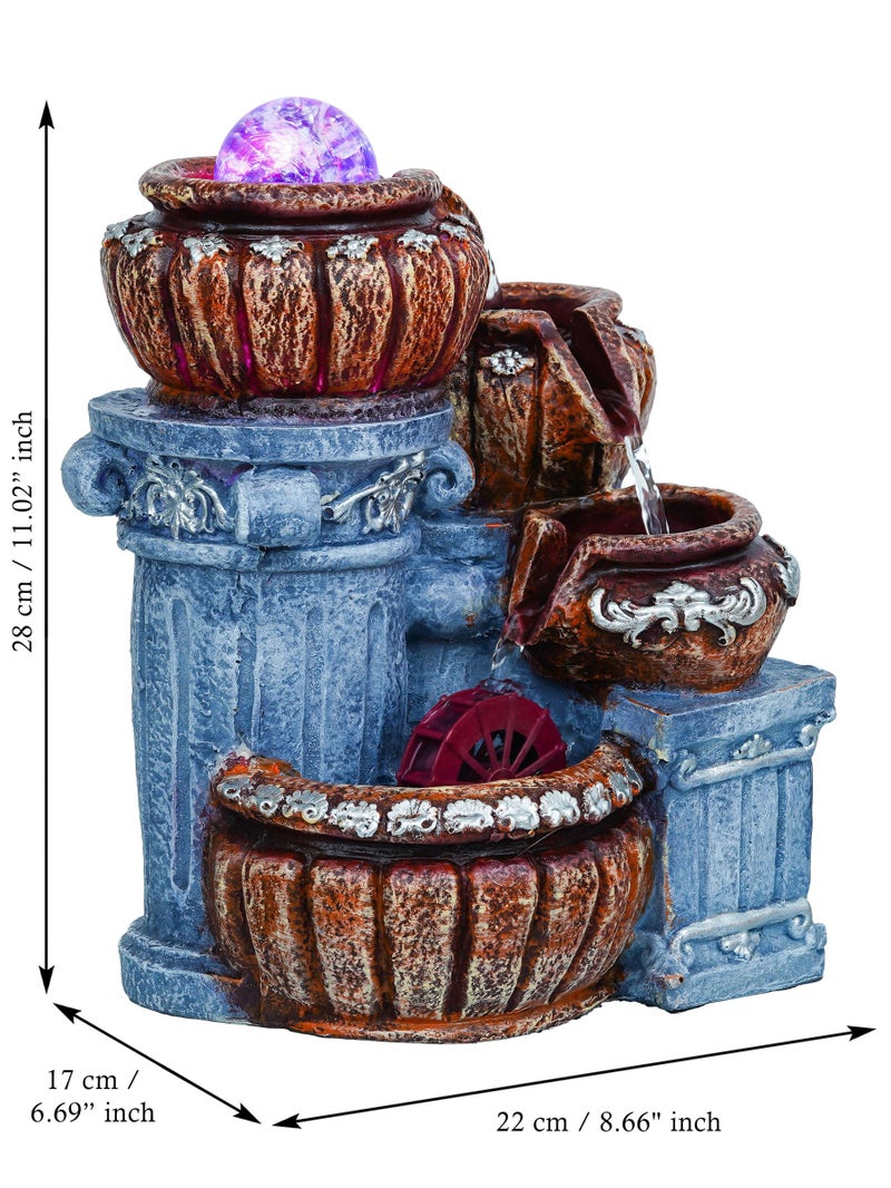 CHRONIKLE Polyresin Designer Tabletop 4 Steps Indoor Water Fountain for Home Decor with LED Light, Speed Controller Pump & Crystal Ball (Size: 15 x 17 x 25.5CM |Color: Multi | Weight: 1100 Gram) - Image 3