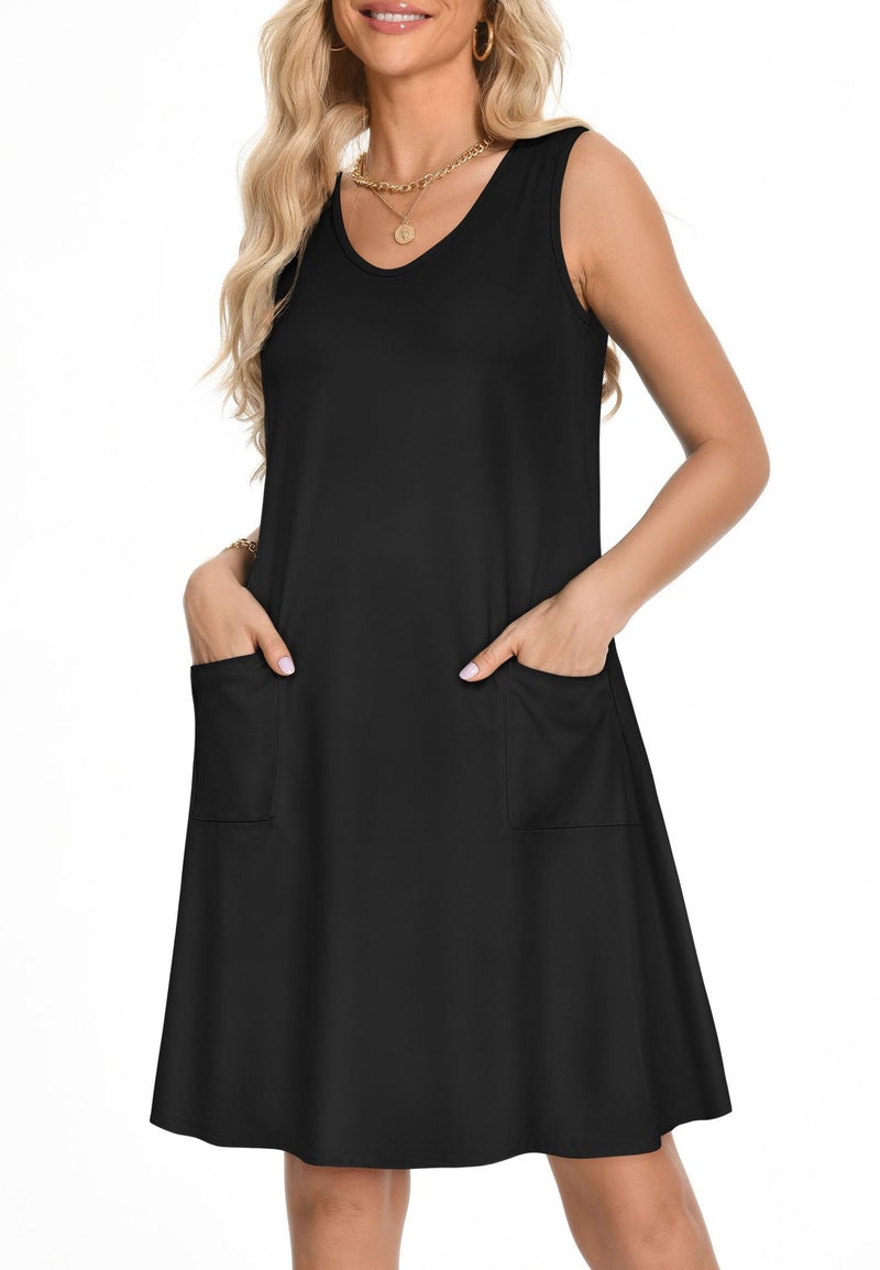 elescat Womens Summer Dresses Casual V Neck Sleeveless Pockets Beach Loose Tank Sundress (Black, L1) - Image 2