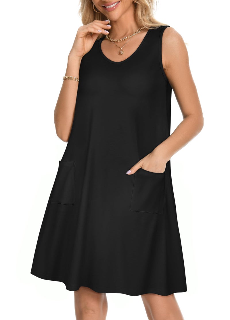 elescat Womens Summer Dresses Casual V Neck Sleeveless Pockets Beach Loose Tank Sundress (Black, L1) - Image 4