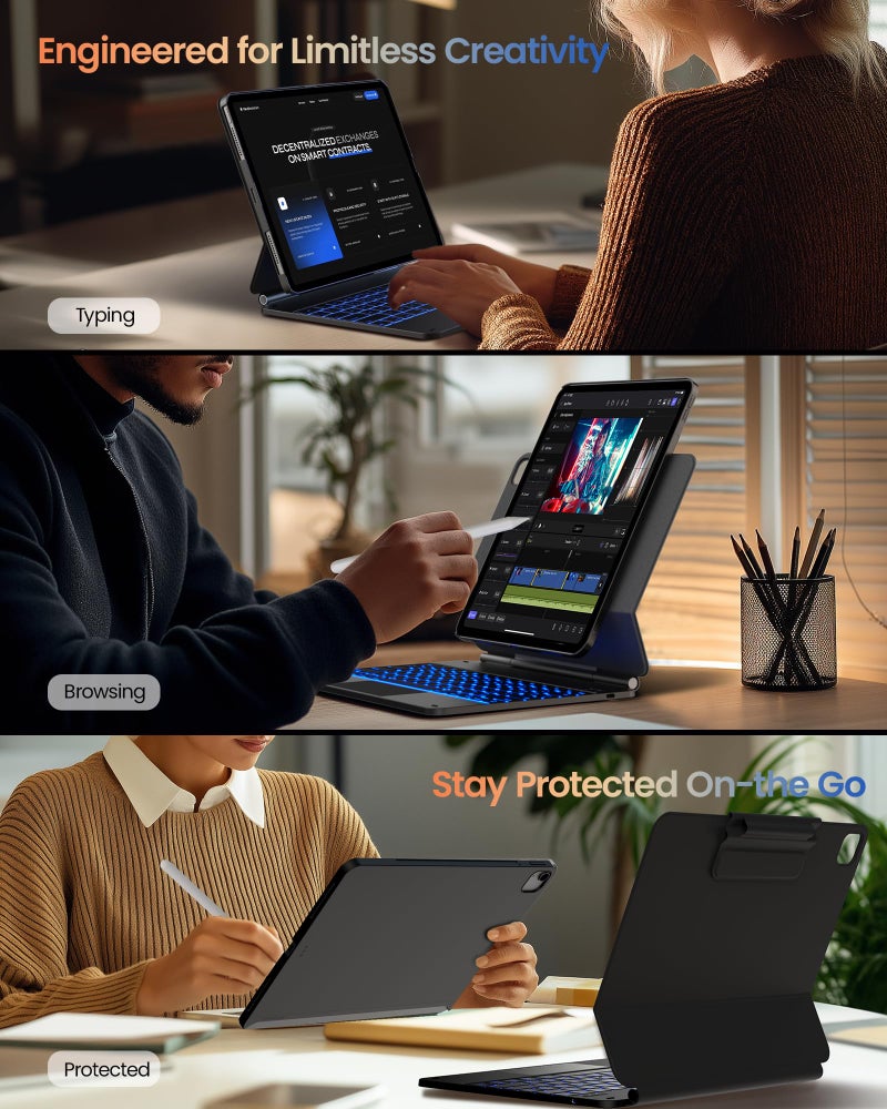 typecase Edge+ Keyboard Case for iPad Air 13"(M4/M3/M2, 2026/2025/2024) & iPad Pro 12.9"(3/4/5/6th Gen), Ultra-Slim Detachable Case, Portrait & Typing Modes, 11-Color Backlight, Magnetic Stand, Black - Image 4