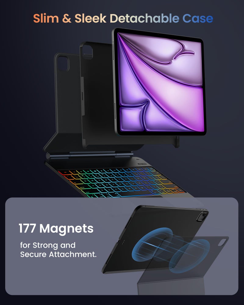 typecase Edge+ Keyboard Case for iPad Air 13"(M4/M3/M2, 2026/2025/2024) & iPad Pro 12.9"(3/4/5/6th Gen), Ultra-Slim Detachable Case, Portrait & Typing Modes, 11-Color Backlight, Magnetic Stand, Black - Image 3