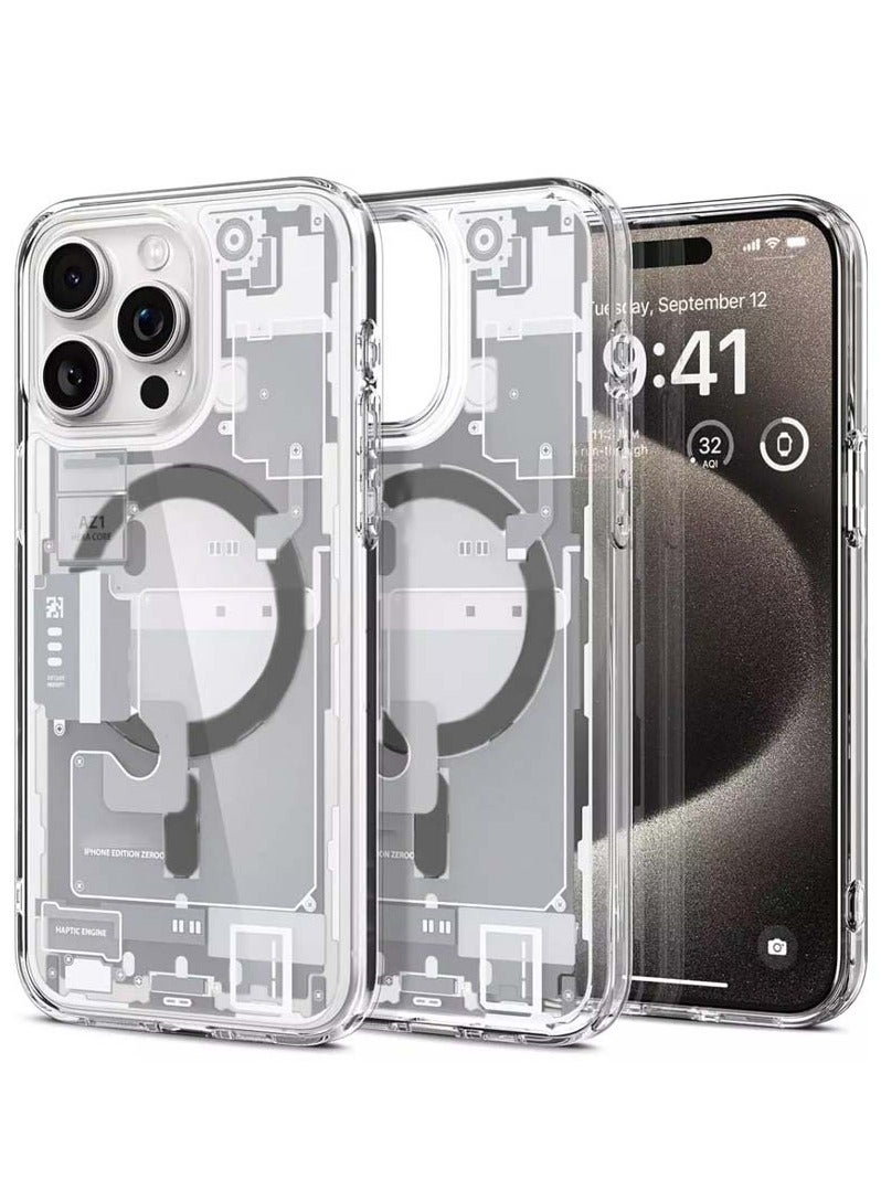 Techie حافظة آيفون 15 برو ماكس ماغسيف – سبجن ألترا هايبرد زيرو وان ماغ فيت مع حلقة معدنية – تصميم رفيع قابل للتفكيك – متوافقة مع الشحن اللاسلكي وملحقات ماغسيف – أبيض/رمادي - Image 1