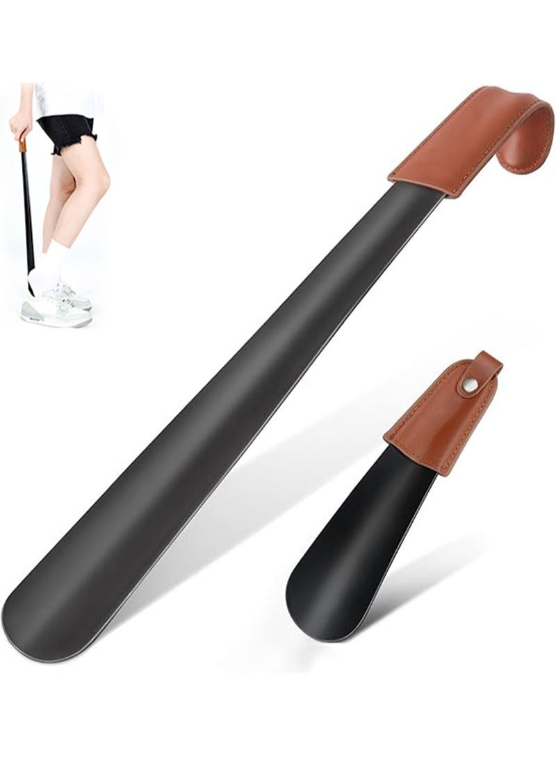 Apustim 2 Pieces Metal Shoe Horn，42cm And 17cm Long Handle Shoe Horn Lazy Shoe Horn With Leather Handle，Extra Long Shoe Horn，Small Boot Horn For Men Women Elderly - Image 1