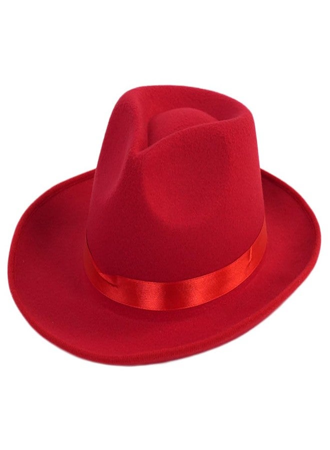 Elandy Red Wide Brim Felt Fedora Hat with Satin Ribbon Dress Panama Hat Rancher Hat for Women Men - Image 1