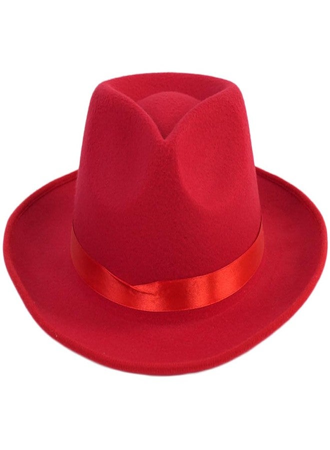 Elandy Red Wide Brim Felt Fedora Hat with Satin Ribbon Dress Panama Hat Rancher Hat for Women Men - Image 3