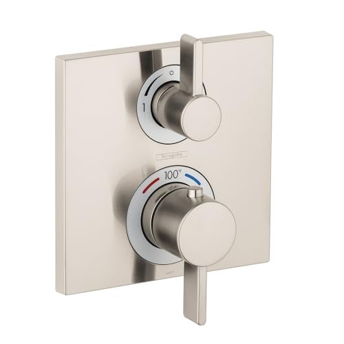hansgrohe Ecostat Square Modern Thermostatic Shower Valve Trim with Temperature Control and Diverter in Brushed Nickel, 15714821 - Image 1