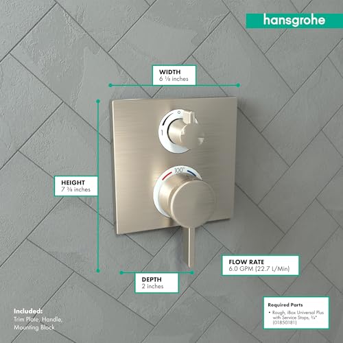 hansgrohe Ecostat Square Modern Thermostatic Shower Valve Trim with Temperature Control and Diverter in Brushed Nickel, 15714821 - Image 4