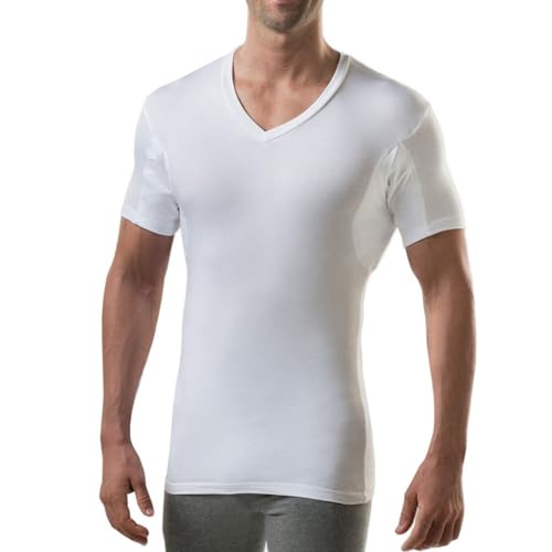 THOMPSON TEE Men's Sweatproof Undershirt - V Neck T-Shirt with Underarm Sweat Pads - Slim Fit - Aluminum-Free Alternative - White - Small - Image 1