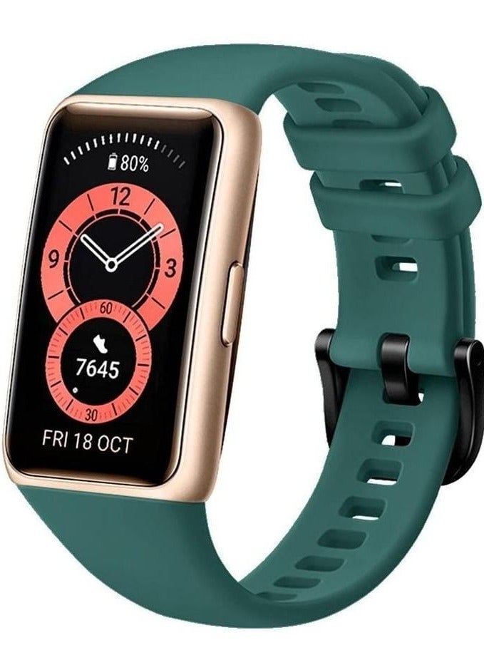 Huawei Band 6 / Honor Band 6 Fitness Tracker Replacement Silicone Band Adjustable Waterproof Smart Watch Strap with Buckle Dark Green  - Image 1
