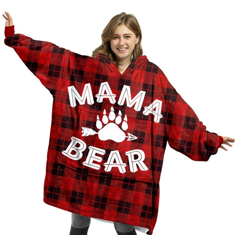 Fastpeace Mama Bear Wearable Blanket Hoodie Buffalo Plaid Hooded Blanket for Mom Mothers Day Birthday Gifts from Daughter Son and Husband Gifts For Wife From Husband Wife Birthday Gift - Image 2