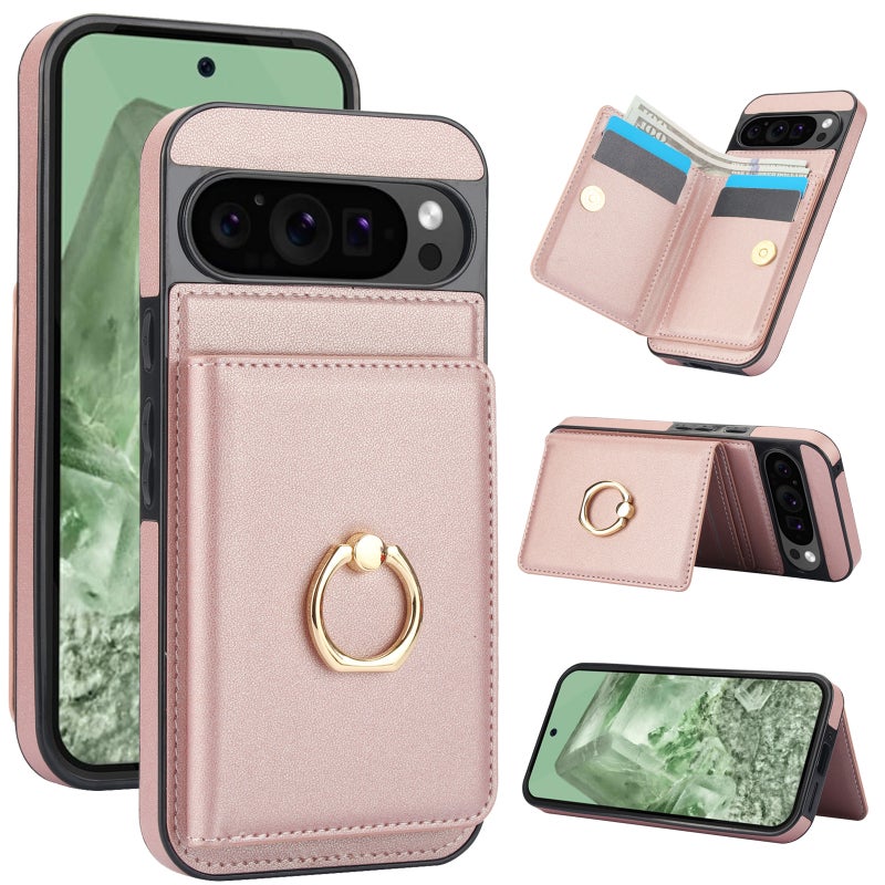 HuHa Protective Cover For Google Pixel 9 RFID Anti-theft Card Ring Holder Phone Case(Rose Gold) - Image 1