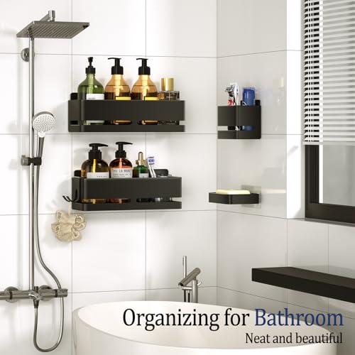 YESENT Bathroom Shower Caddy (5-piece Set), wall-Mounted Shelf with soap Dish and Toothbrush Holder, no Drilling Required, Ideal for Bathroom Storage and Also Suitable for Kitchen (Black) - Image 3