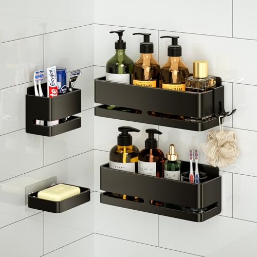 YESENT Bathroom Shower Caddy (5-piece Set), wall-Mounted Shelf with soap Dish and Toothbrush Holder, no Drilling Required, Ideal for Bathroom Storage and Also Suitable for Kitchen (Black) - Image 1