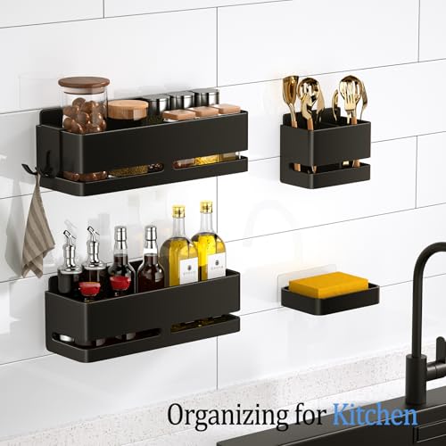 YESENT Bathroom Shower Caddy (5-piece Set), wall-Mounted Shelf with soap Dish and Toothbrush Holder, no Drilling Required, Ideal for Bathroom Storage and Also Suitable for Kitchen (Black) - Image 4
