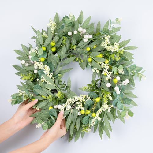 Gixie Home Door Wreath Green Eucalyptus for Front Door Wreaths Spring Summer Olive Wreath Artificial Leaves Mixed Berry Wreaths for All Season Home Farmhouse Porch Year Round Outdoor Wall Decorating,18-20 Inch - Image 2