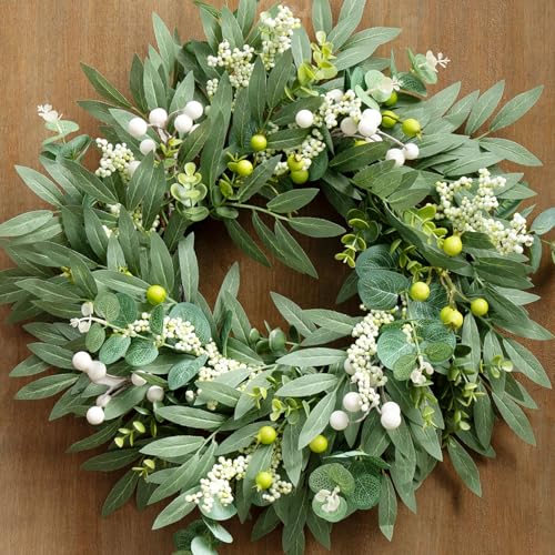 Gixie Home Door Wreath Green Eucalyptus for Front Door Wreaths Spring Summer Olive Wreath Artificial Leaves Mixed Berry Wreaths for All Season Home Farmhouse Porch Year Round Outdoor Wall Decorating,18-20 Inch - Image 1