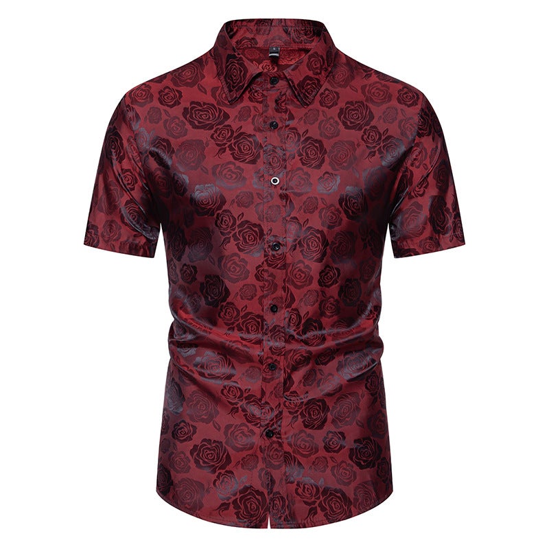 Men''s Short Sleeve Fashion Button Shirt Rose Print Casual Button Shirt Slim Fit Dress Shirt C36P40 - Image 1