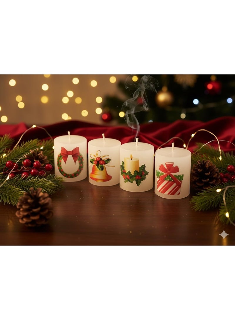 atorakushon White Xmas Design Round Pillar Smokeless Scented Candles for Parties Occasions Room Table Decoration Christmas Gift Set of 4 - Image 4