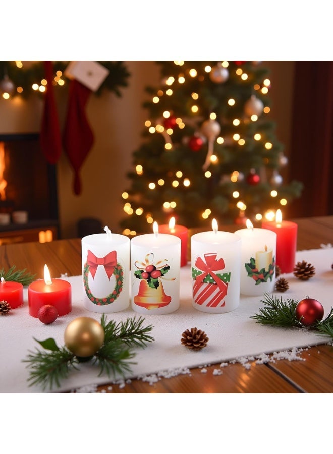 atorakushon White Xmas Design Round Pillar Smokeless Scented Candles for Parties Occasions Room Table Decoration Christmas Gift Set of 4 - Image 2