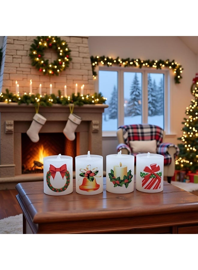 atorakushon White Xmas Design Round Pillar Smokeless Scented Candles for Parties Occasions Room Table Decoration Christmas Gift Set of 4 - Image 1