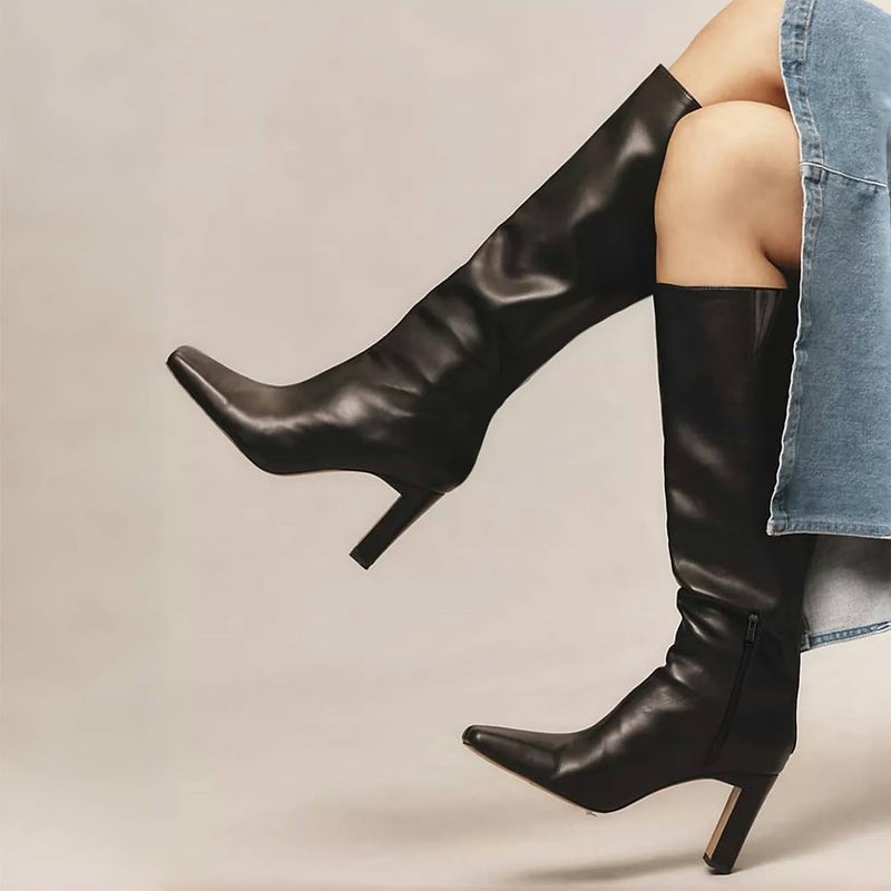 Lovee Cosee Black Leather Boots for Women Knee High Tall Boots for Women Square Toe Chunky Heels Wide Calf Block Heeled Dress Sexy Fashion Trendy Fall Wintern Shoes Size 7 - Image 2
