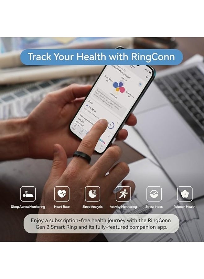 رينجكون خاتم الجيل الثاني من رينج كون، اول خاتم ذكي في العالم مع مراقبة توقف التنفس أثناء النوم، بدون اشتراك في التطبيق، عمر بطارية 12 يوم، جهاز تتبع الاجهاد ومعدل ضربات القلب وصحة المرأة، متوافق مع اندرويد - Image 4
