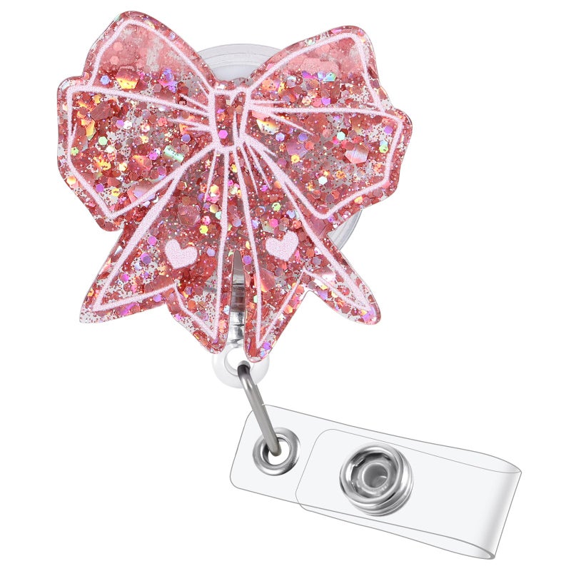 BVIIE Cute Pink Bow Badge Reel | Retractable ID Card Badge Holder | Name Tag Work Badge Clip for RN LPN CNA MA ER Night Shift Nurse Nursing Student Doctor Teacher | Nurse Gifts | Acrylicï½œAlligator Clip - Image 1