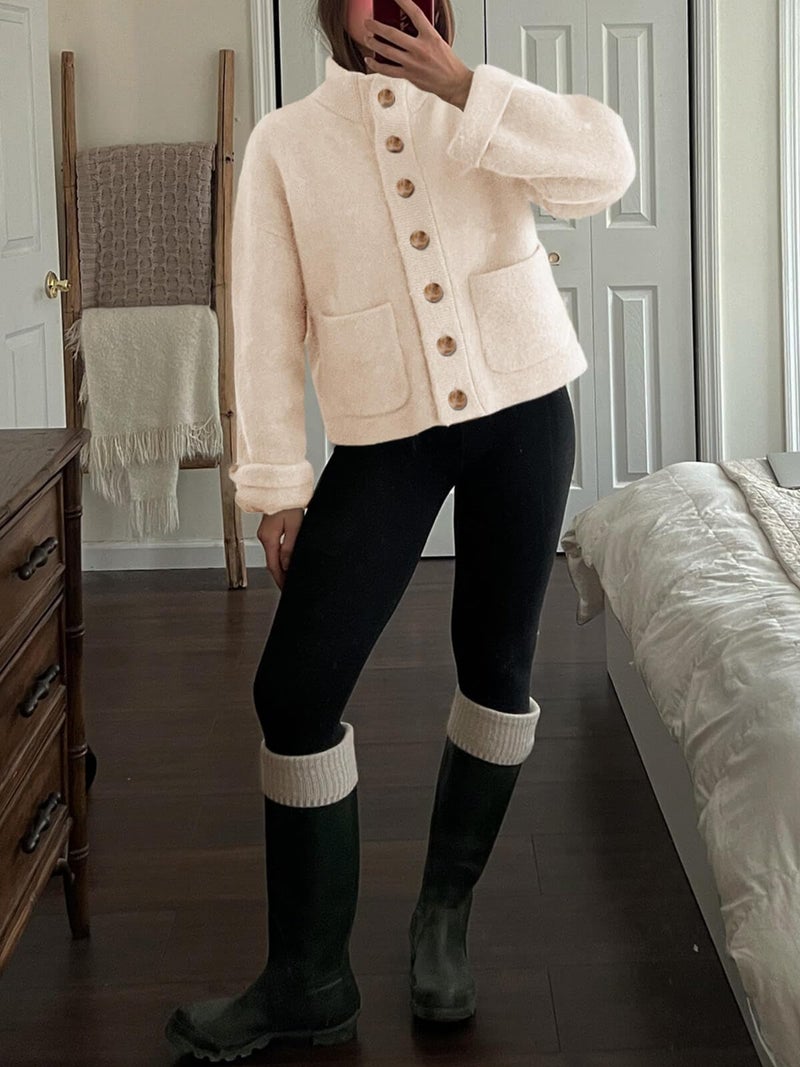 Cicy Bell Womens Chunky Knit Cardigan Sweaters Button Down Mock Neck Open Front Jacket Winter Casual Outerwear with Pockets Beige - Image 4