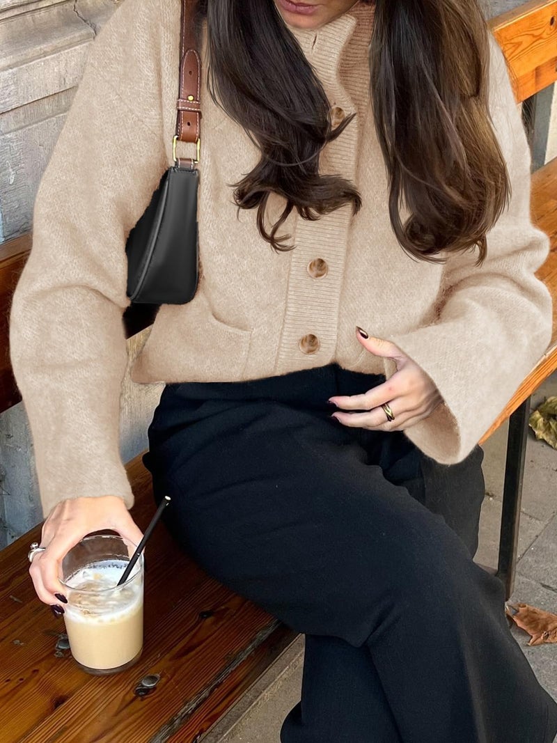 Cicy Bell Womens Chunky Knit Cardigan Sweaters Button Down Mock Neck Open Front Jacket Winter Casual Outerwear with Pockets Beige - Image 3