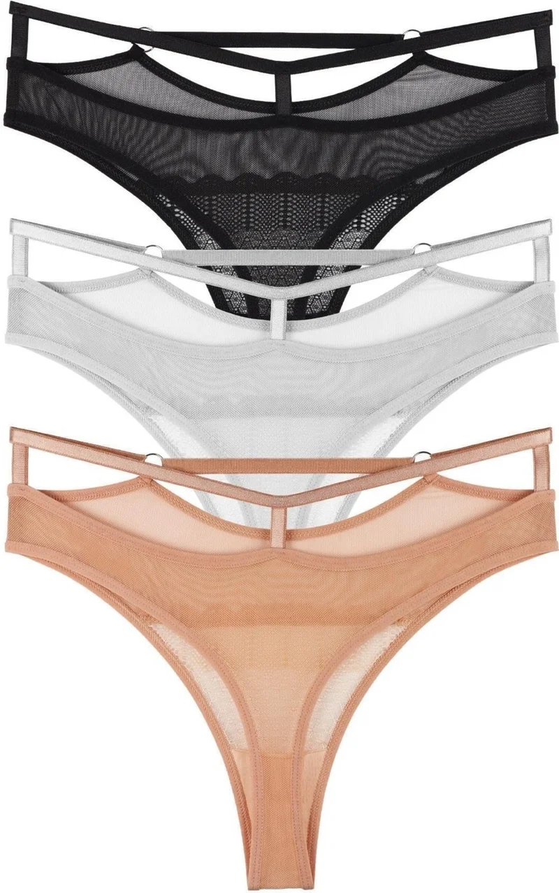 Sensu Women's Lace and Tulle Detailed String Waist Thong 3-Piece Panties Set - KTS2067
