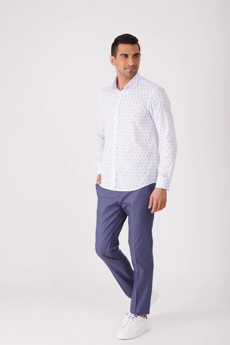 Dufy White-Blue Men's Slim Fit Long Sleeve Shirt