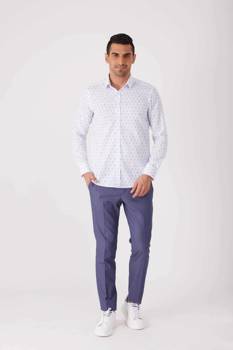 Dufy White-Blue Men's Slim Fit Long Sleeve Shirt