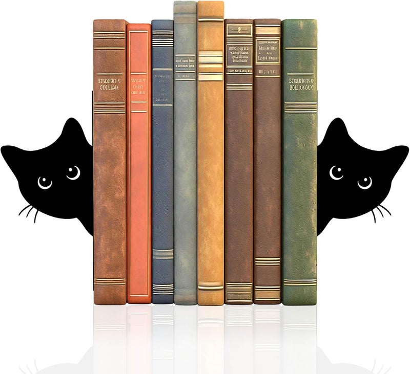 TYLCC Bookends Metal Cat Book Ends, 1 Pairs Cute Bookends for Shelves Decorative for Home Office Desk Bookshelf Decor (Black, Full-face) - Image 1