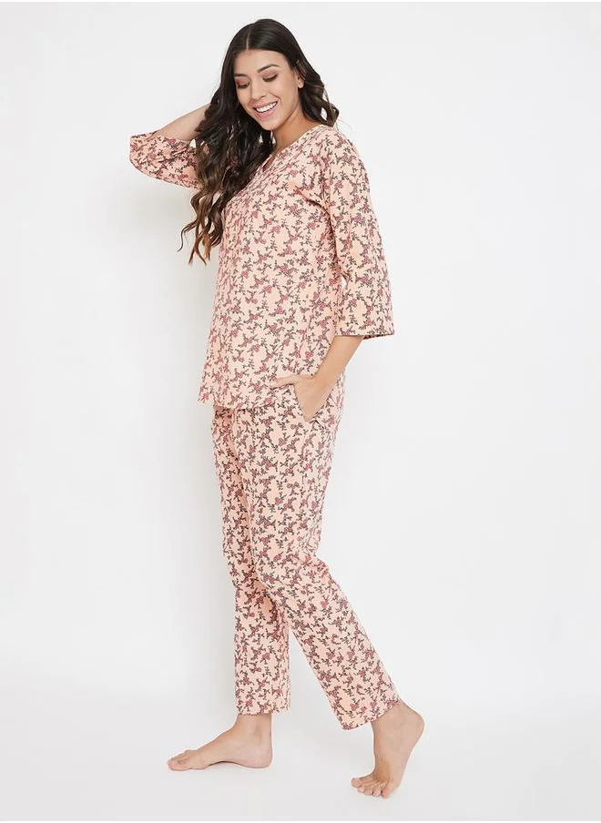 Clovia Clovia Floral Print Notch Neck Top and Pyjama Set